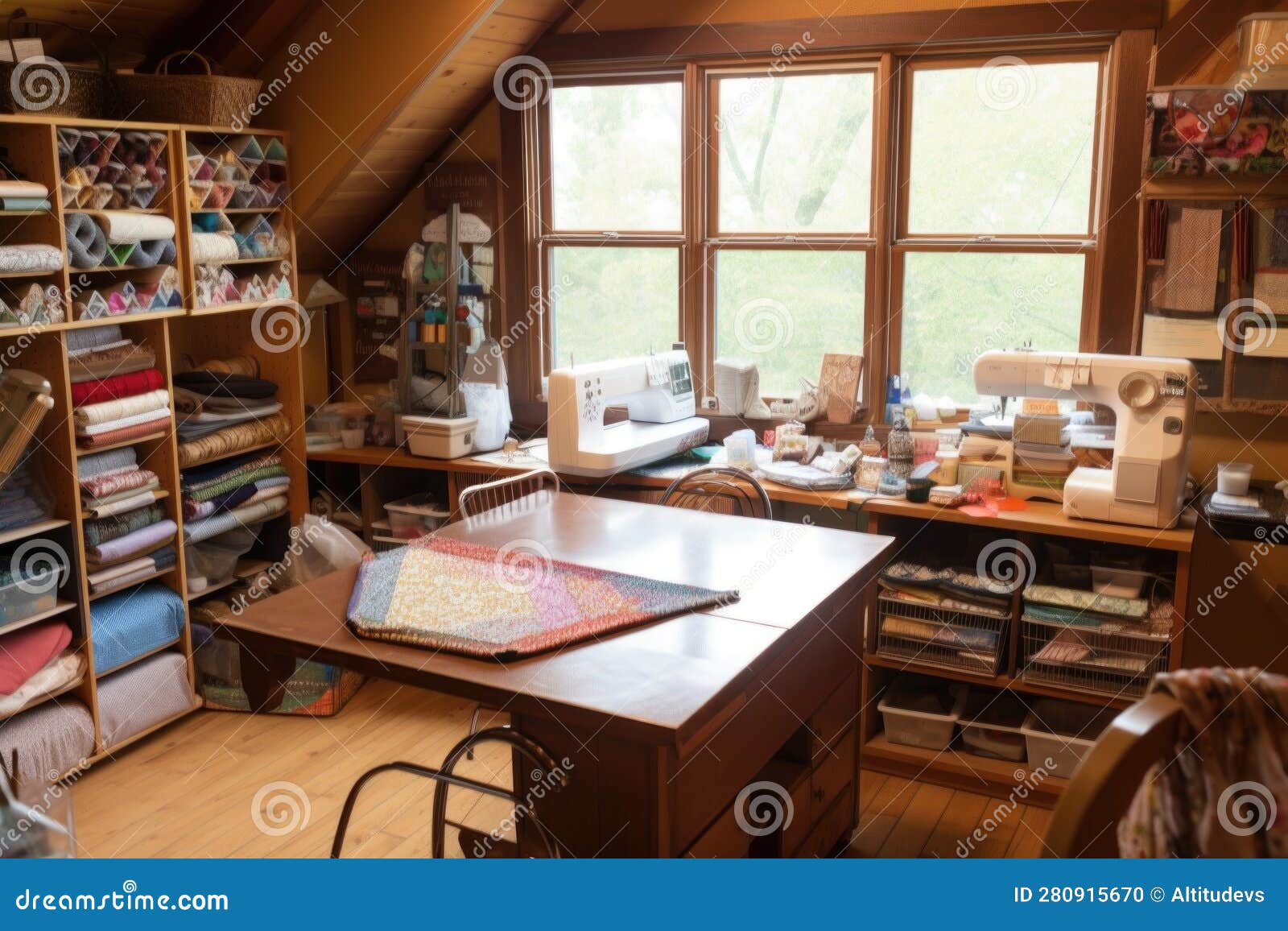 Sewing Room, with Basket of Fabrics and Tools within Reach Stock Photo