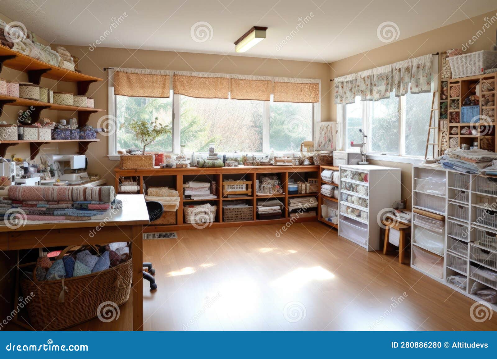 Sewing Room, Filled with Baskets of Fabric and Tools for a Variety of