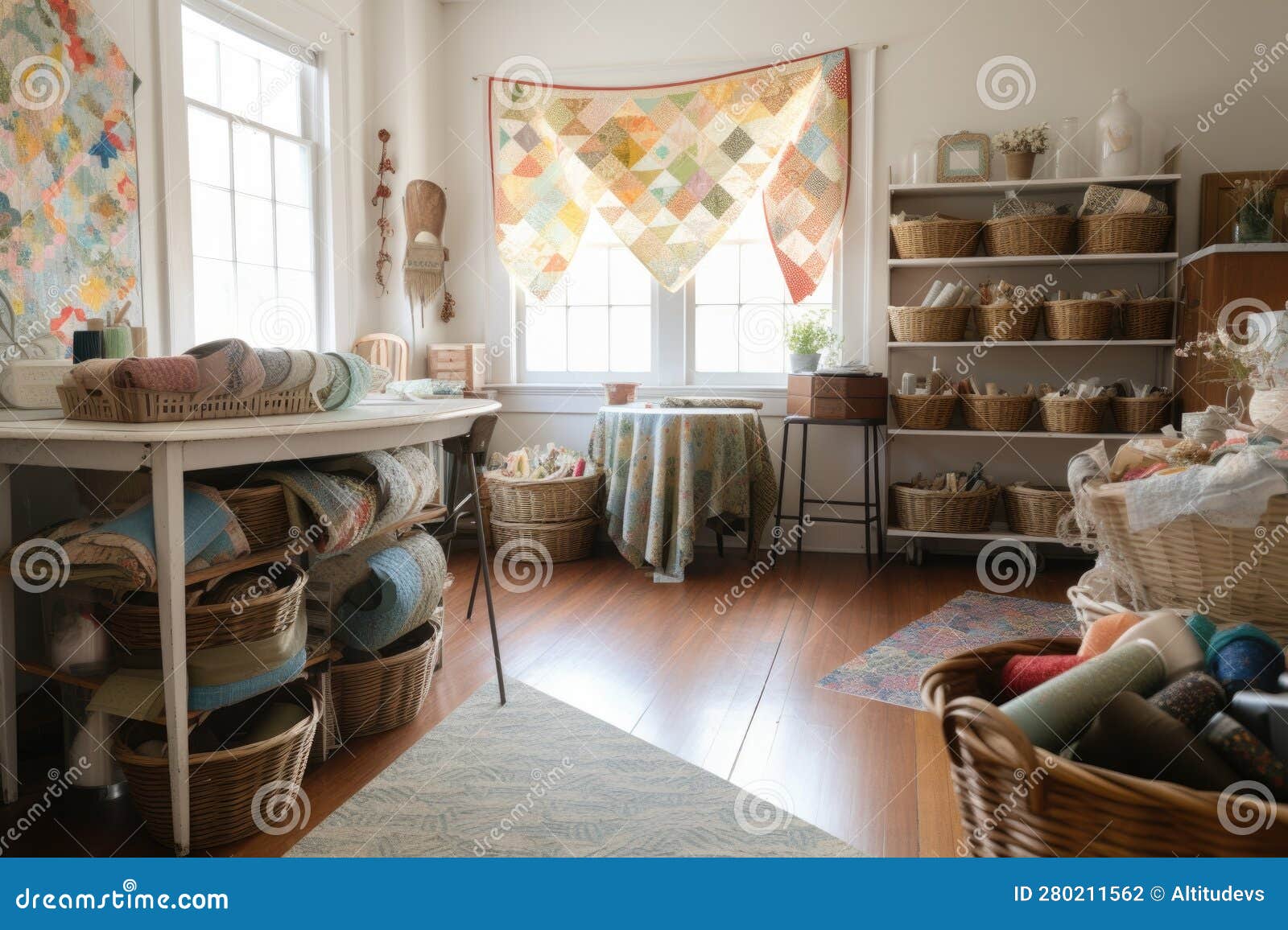 Sewing Room, Filled with Baskets of Fabric and Tools for a Variety of