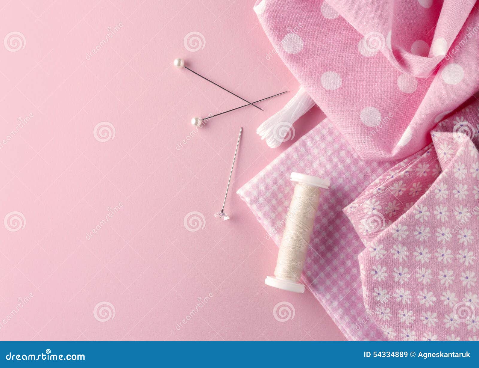 Sewing Set Fabrics, Threads and Pins on Pink Stock Image Image of