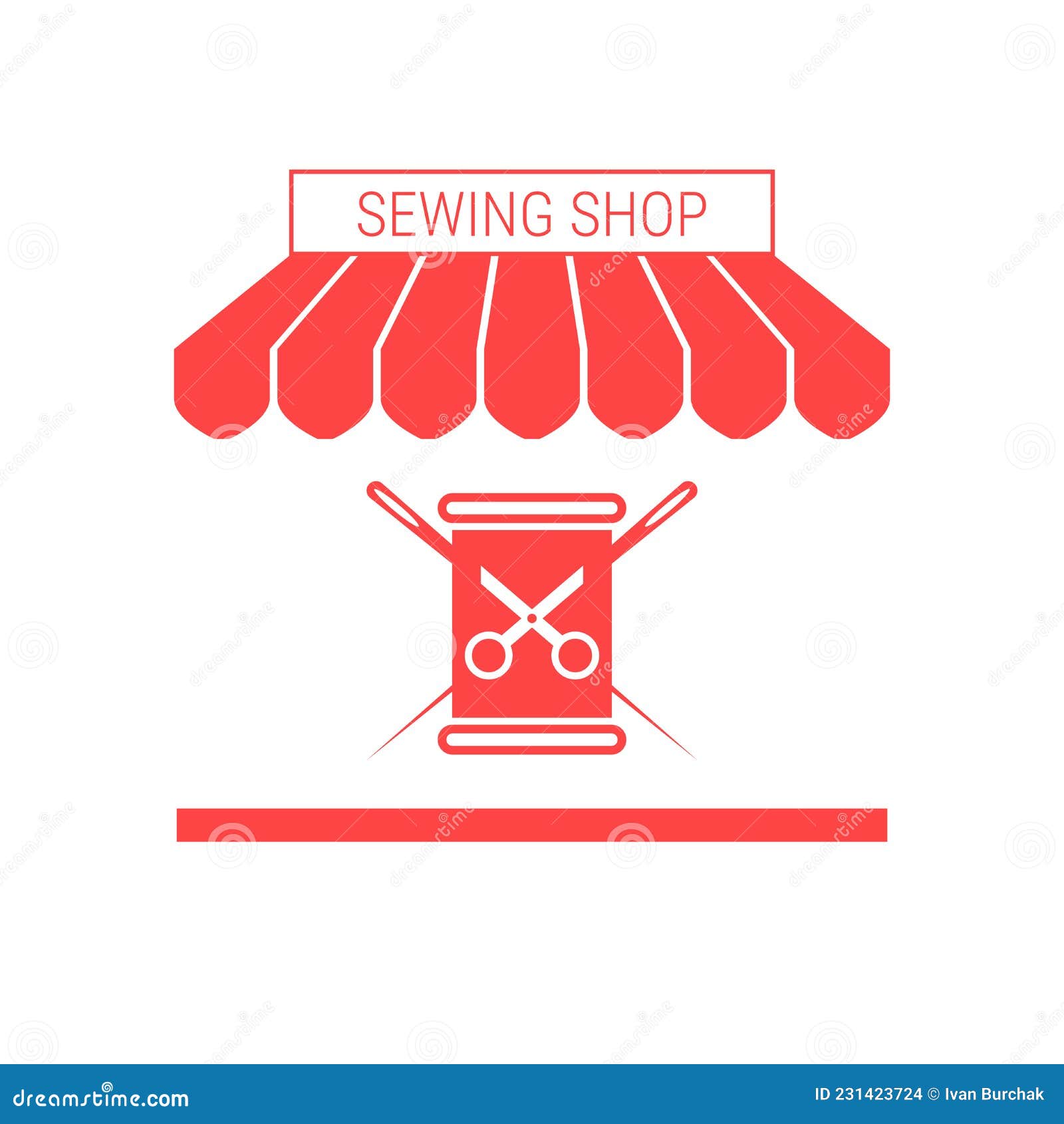 Sewing Shop, Tailoring Single Flat Vector Icon. Striped Awning
