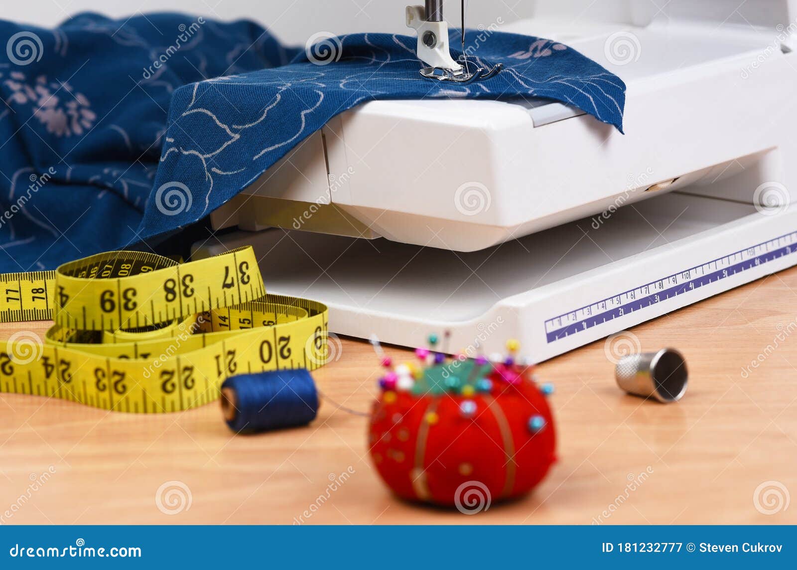 Sewing Still Life. Closeup of Sewing Machine and Tools for Making