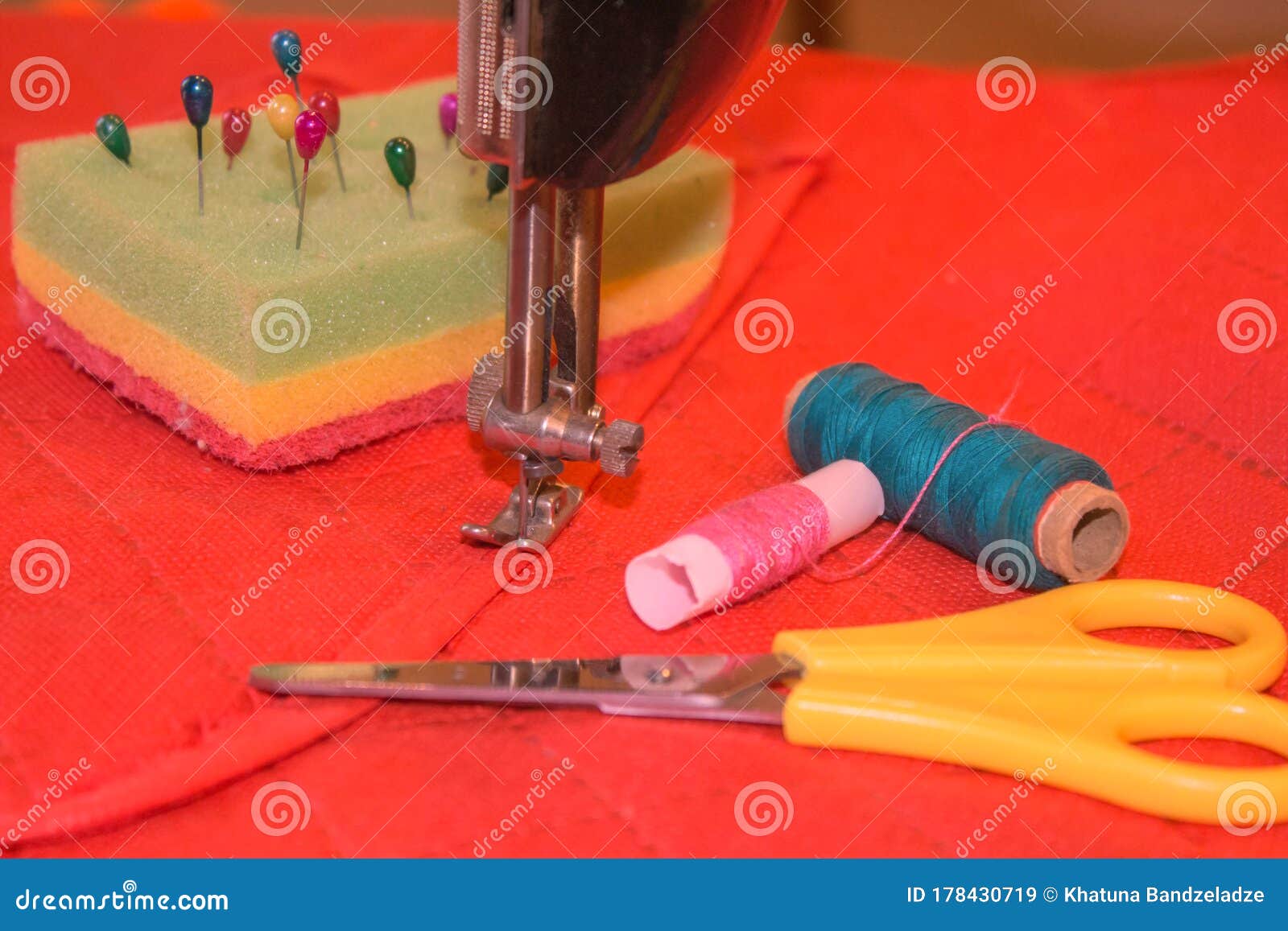 Sewing Still Life Colorful Cloth. Sewing Kit Includes Threads of Different Colors, Thimble and