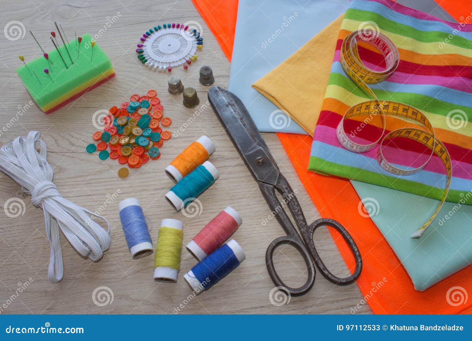 Sewing Still Life Colorful Cloth. Sewing Kit Includes Threads of