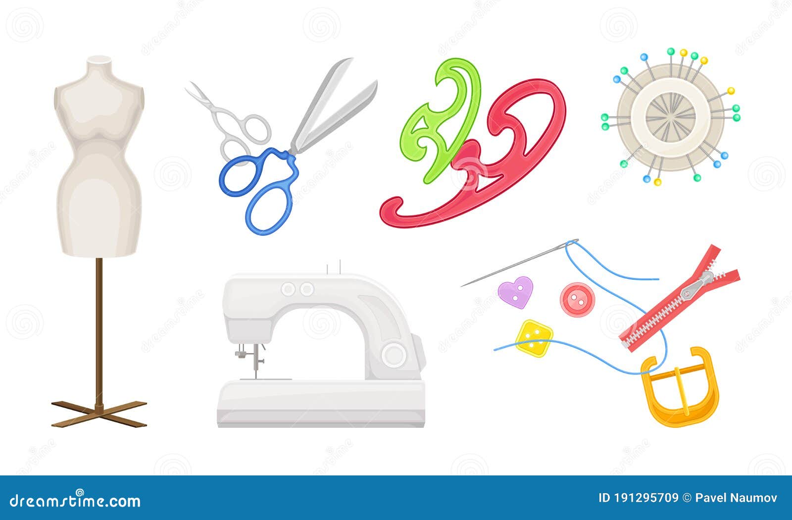 Sewing and Tailoring Equipment with Sewing Machine and Scissors Vector