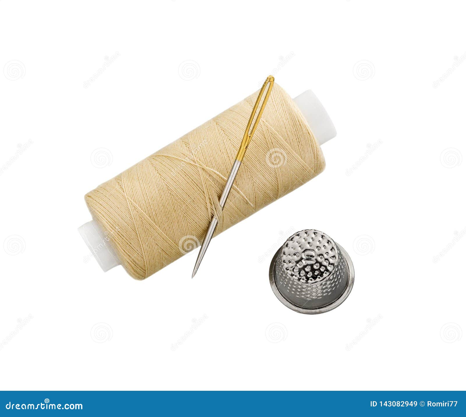 Sewing Threads Spool With Sewing Needle And Thimble Isolated Stock