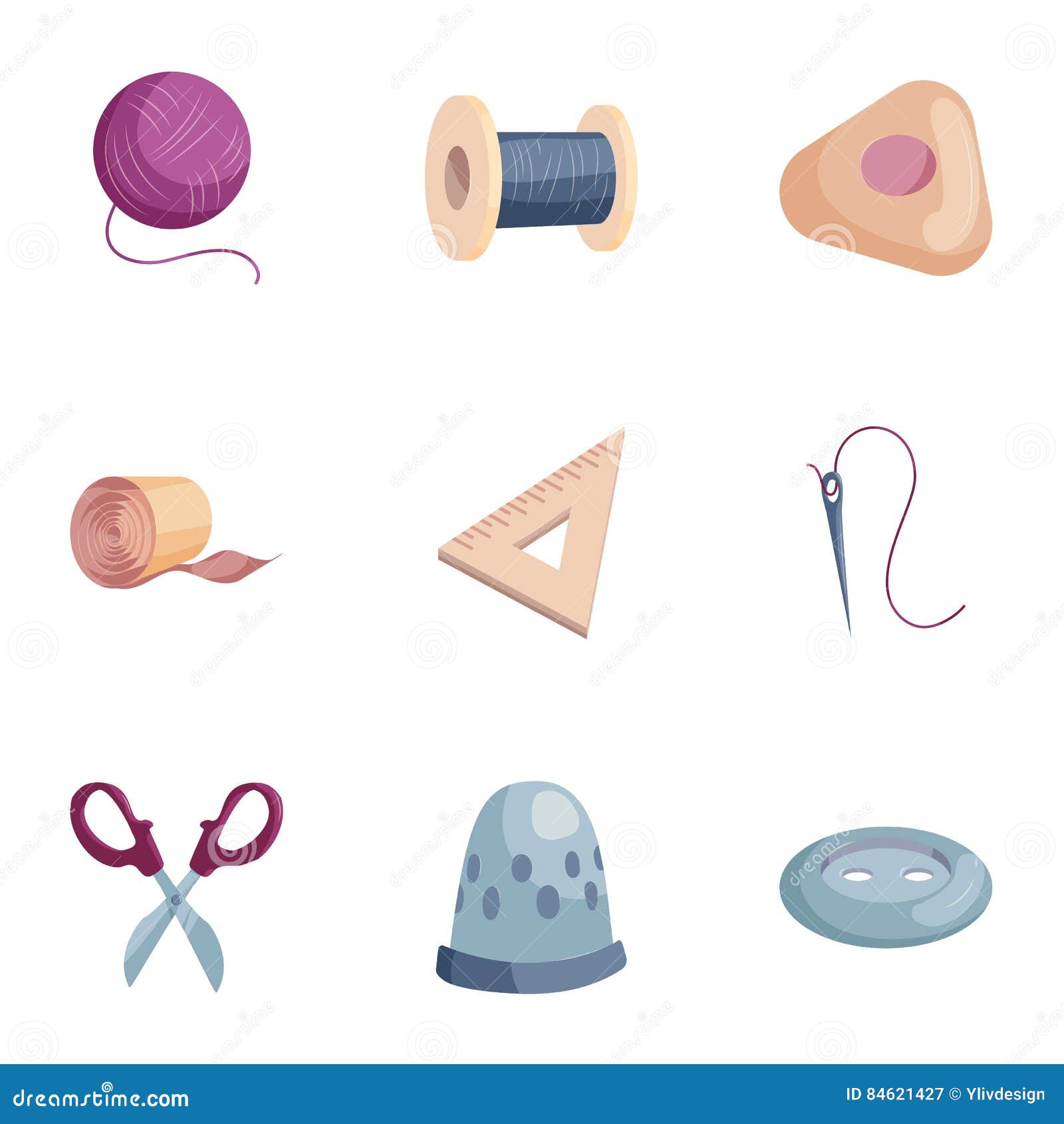 Sewing Tools Icons Set, Cartoon Style Stock Vector Illustration of industry, needle 84621427