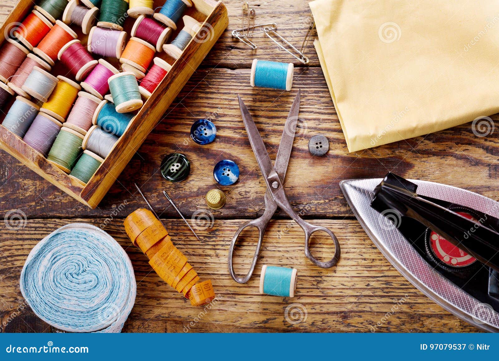 Sewing Tools : Scissors, Bobbins with Thread and Iron Stock Image ...