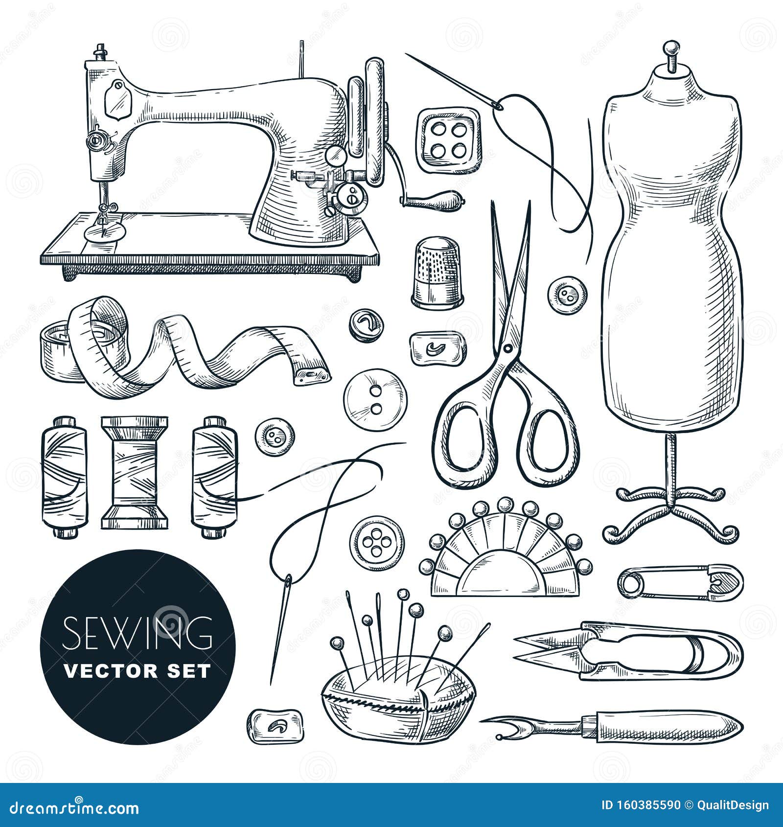 SEWING ACCESSORIES. Set of vector tailor icons isolated, design  element.Colored hand drawing sketch.Vintage isolated object.Vector hand  made supplies,knitt equipment.Design template. Stock Vector by ©Lena_ART  156916786