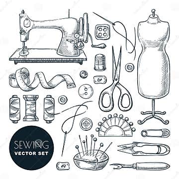 Sewing Tools and Tailor Equipment Set. Vector Sketch Illustration ...