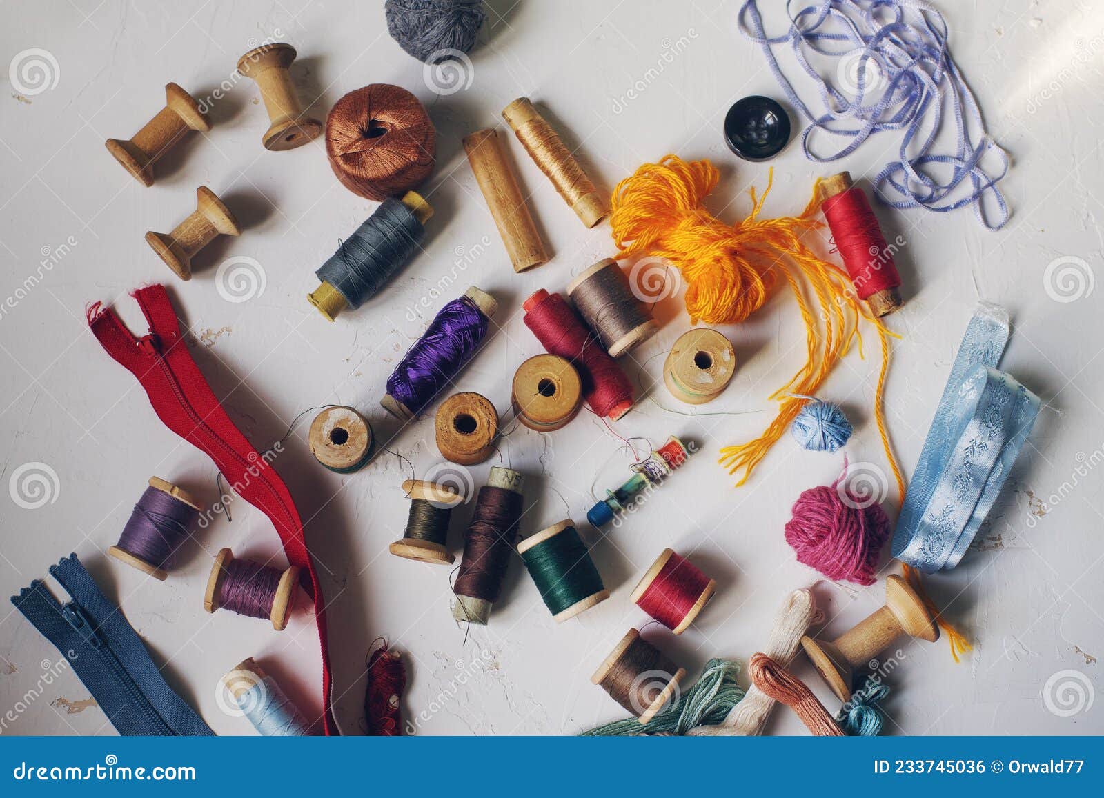 Sewing Tools, Vintage Wooden Bobbins with Colorful Thread on White Table Stock Photo Image of