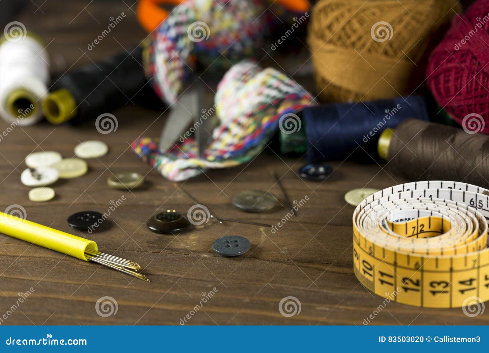 Sewing Tools on a Wooden Background Stock Photo Image of fashioned