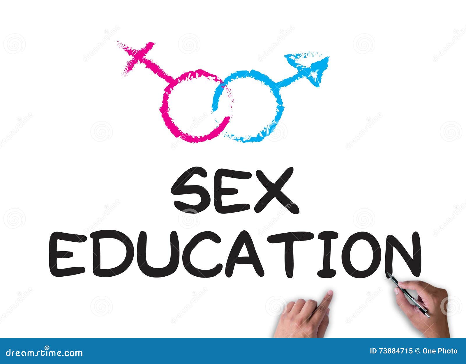 Photo about sex education businessman work on white broad, top view. 