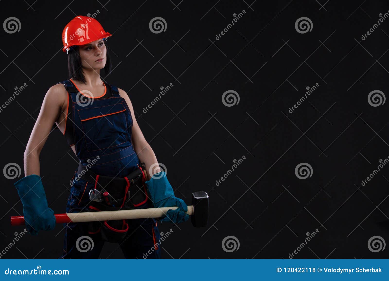 Sex Equality And Feminism Girl In Safety Helmet Holding Hammer Tool