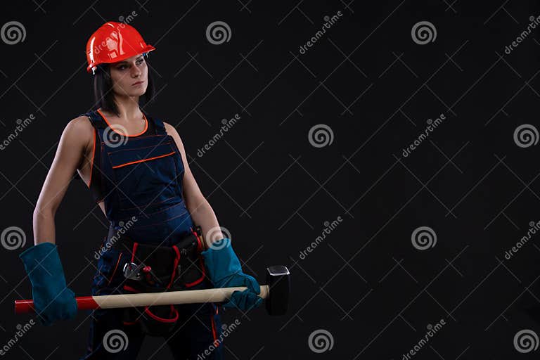 Sex Equality And Feminism Girl In Safety Helmet Holding Hammer Tool