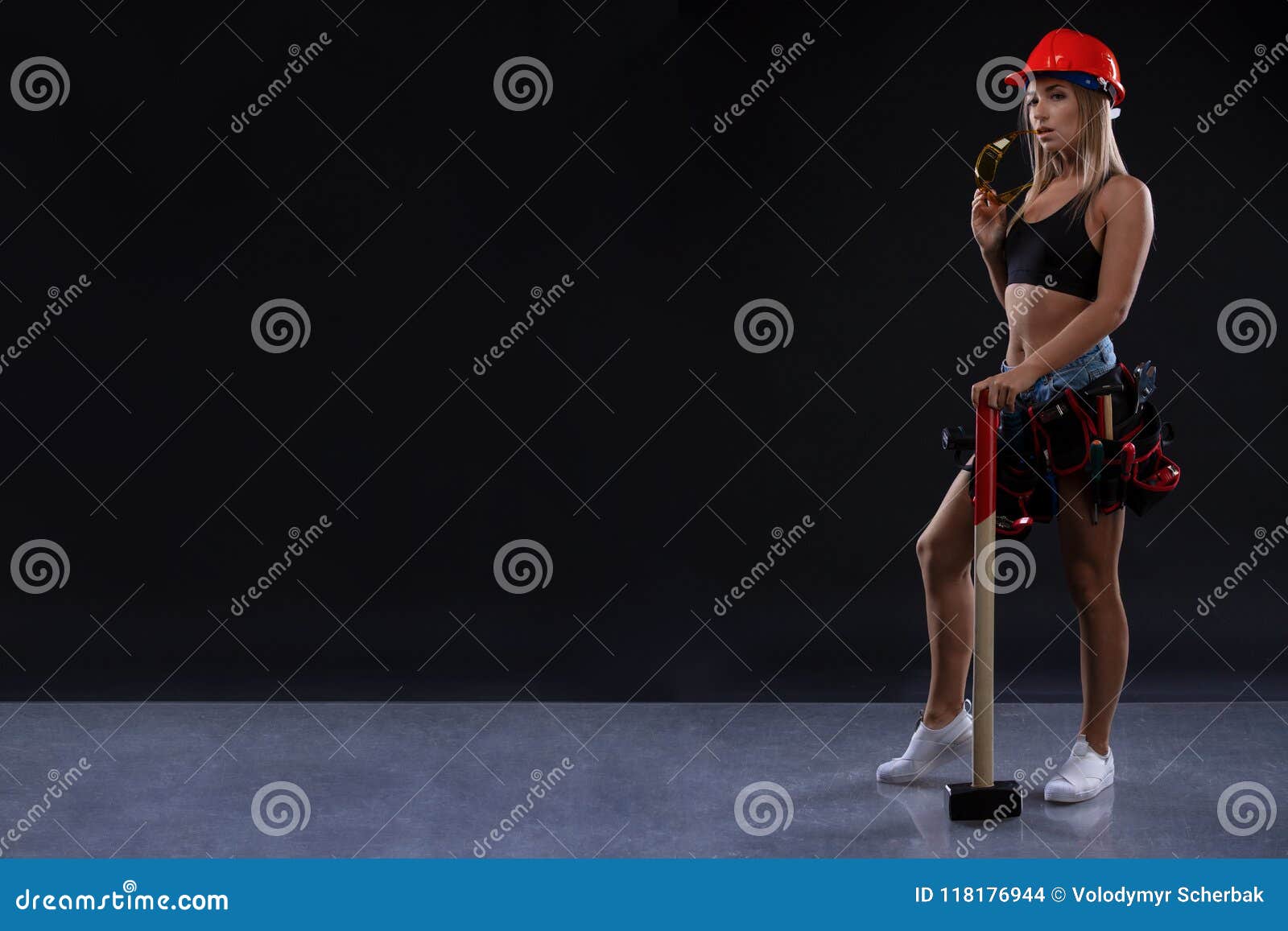 Sex Equality And Feminism Girl In Safety Helmet Holding Hammer Tool