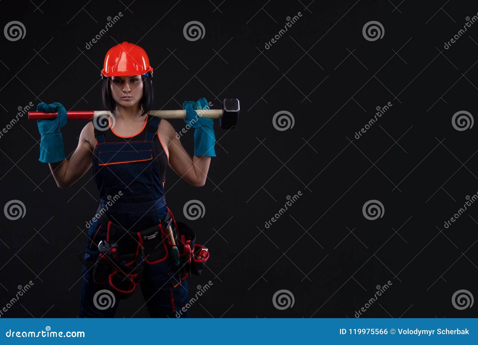 Sex Equality And Feminism Girl In Safety Helmet Holding Hammer Tool