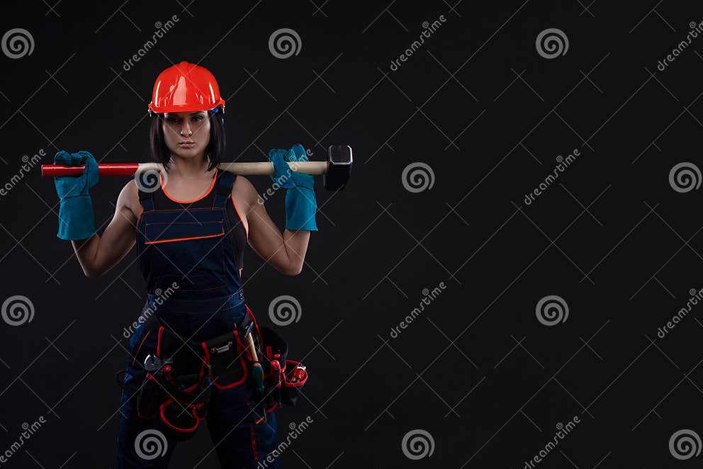 Sex Equality And Feminism Girl In Safety Helmet Holding Hammer Tool