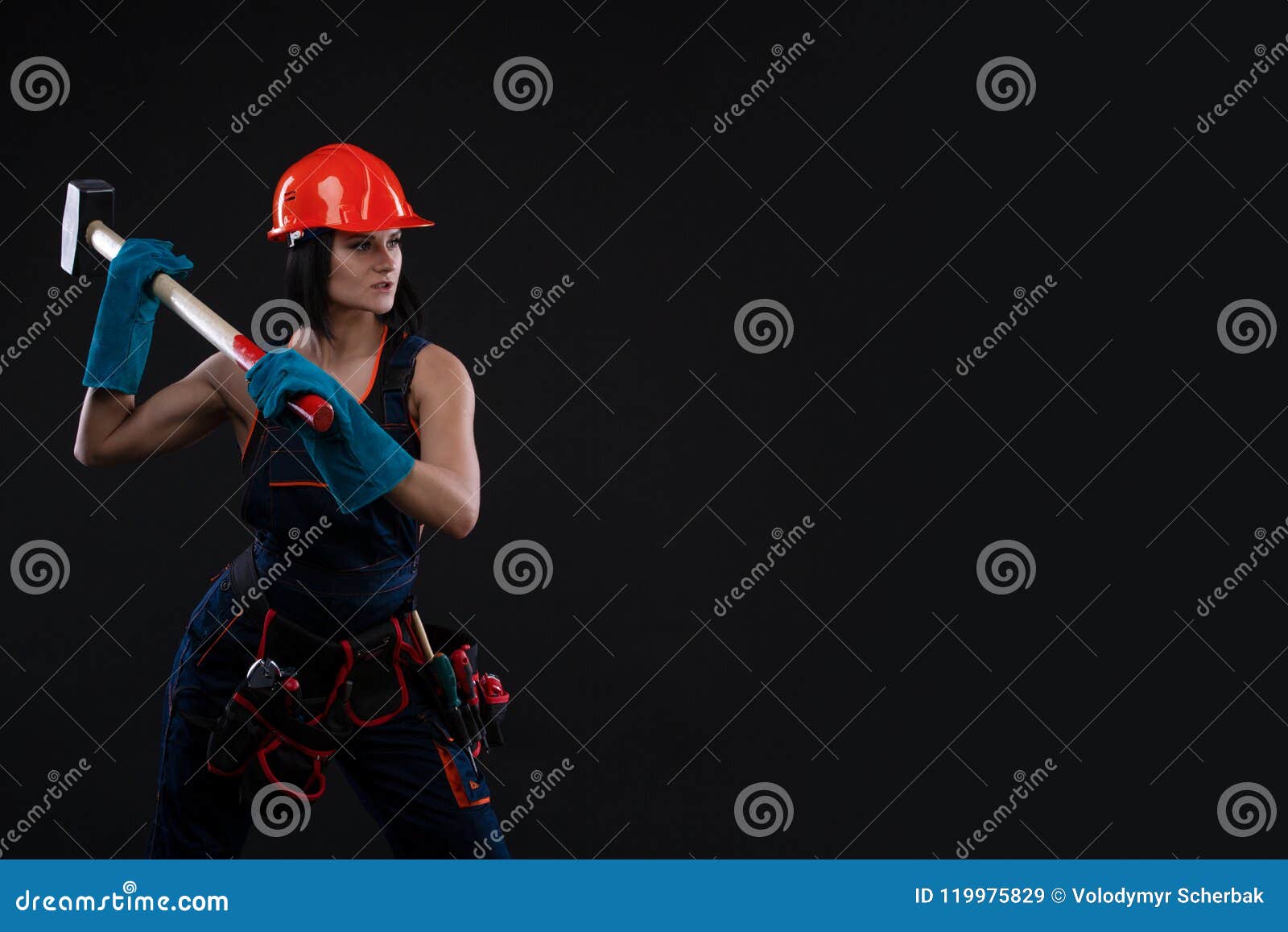 Sex Equality And Feminism Girl In Safety Helmet Holding Hammer Tool