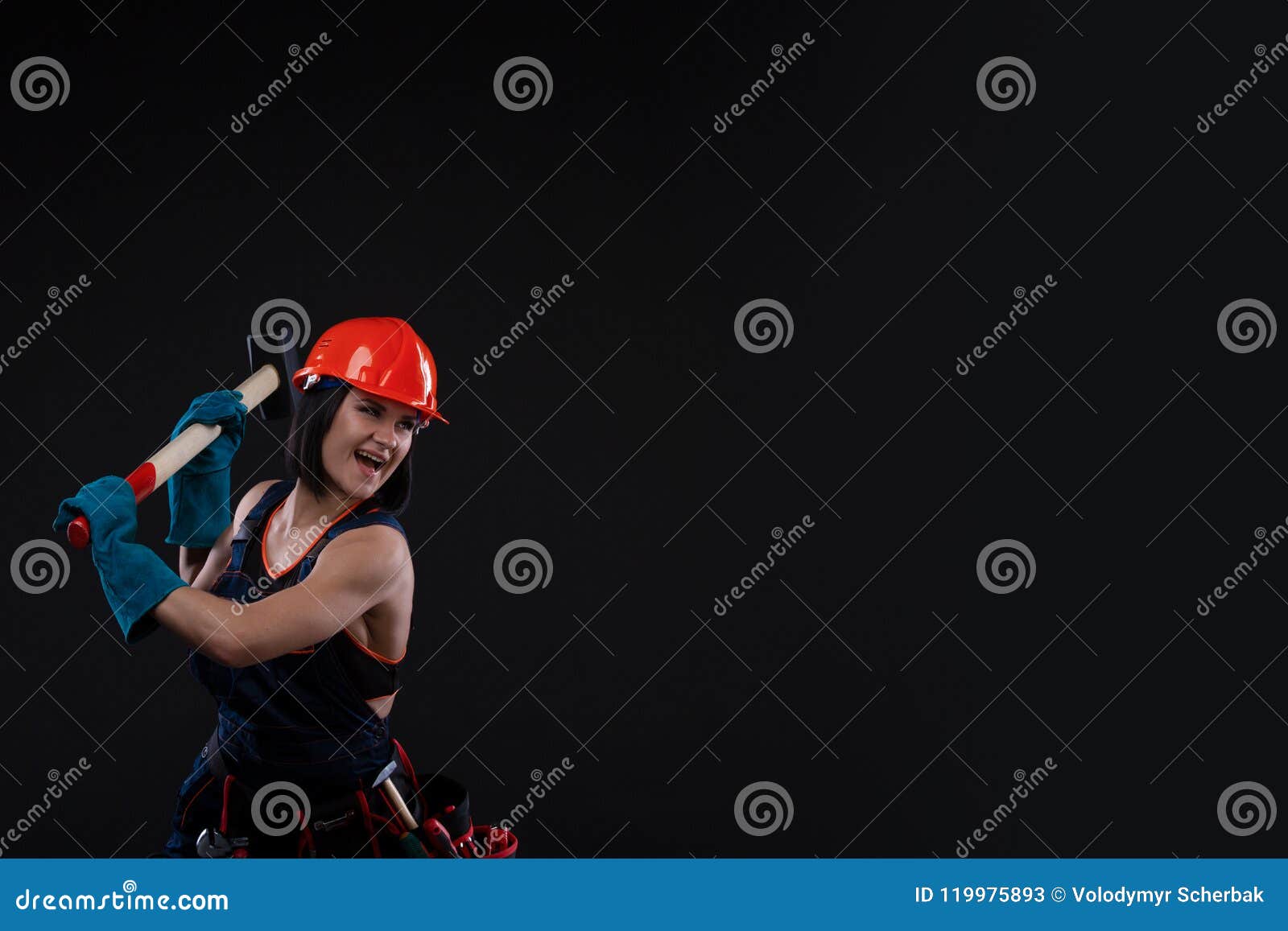 Sex Equality And Feminism Girl In Safety Helmet Holding Hammer Tool