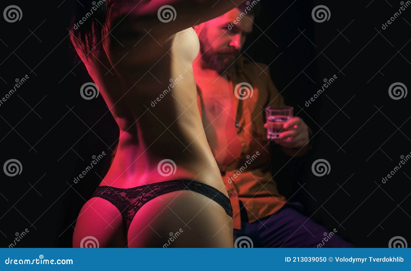 Sex Games, Desire and Foreplay. Man Drink Whiskey, Naked Woman. Couple in Love Relax image image