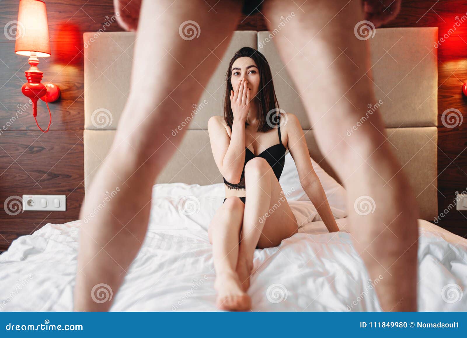Sex Lovers in Bed, Big Surprise, Delight Stock Photo