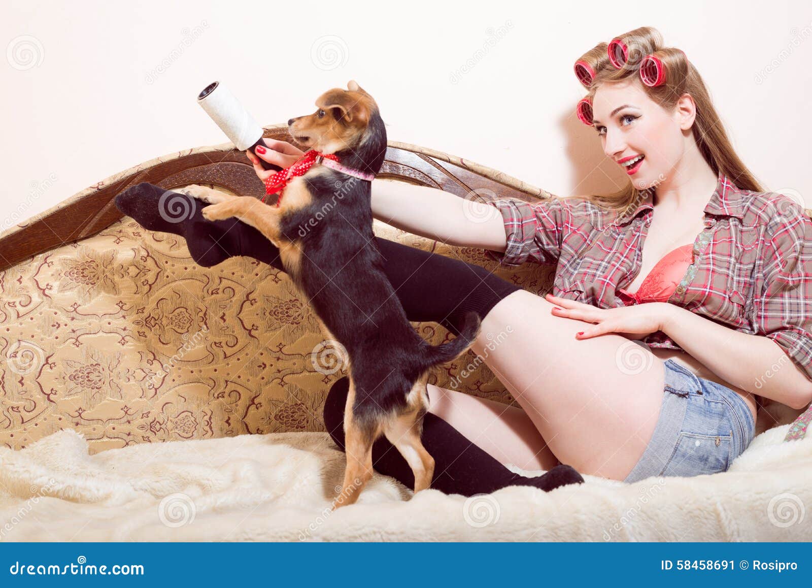 Sexi Young Smiling Girl Playing with a Dog Stock Image - Image of domestic,  little: 58458691