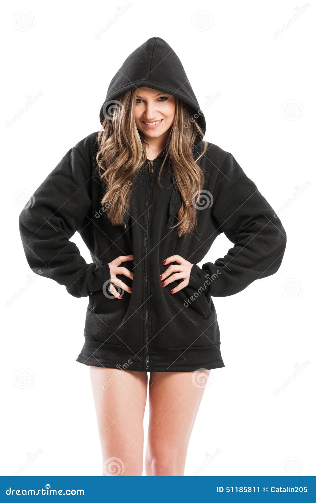 Sexig Gullig Krusig Och Förtjusande Ung Kvinna Som Bär En Hoodie Fotografering För Bildbyråer