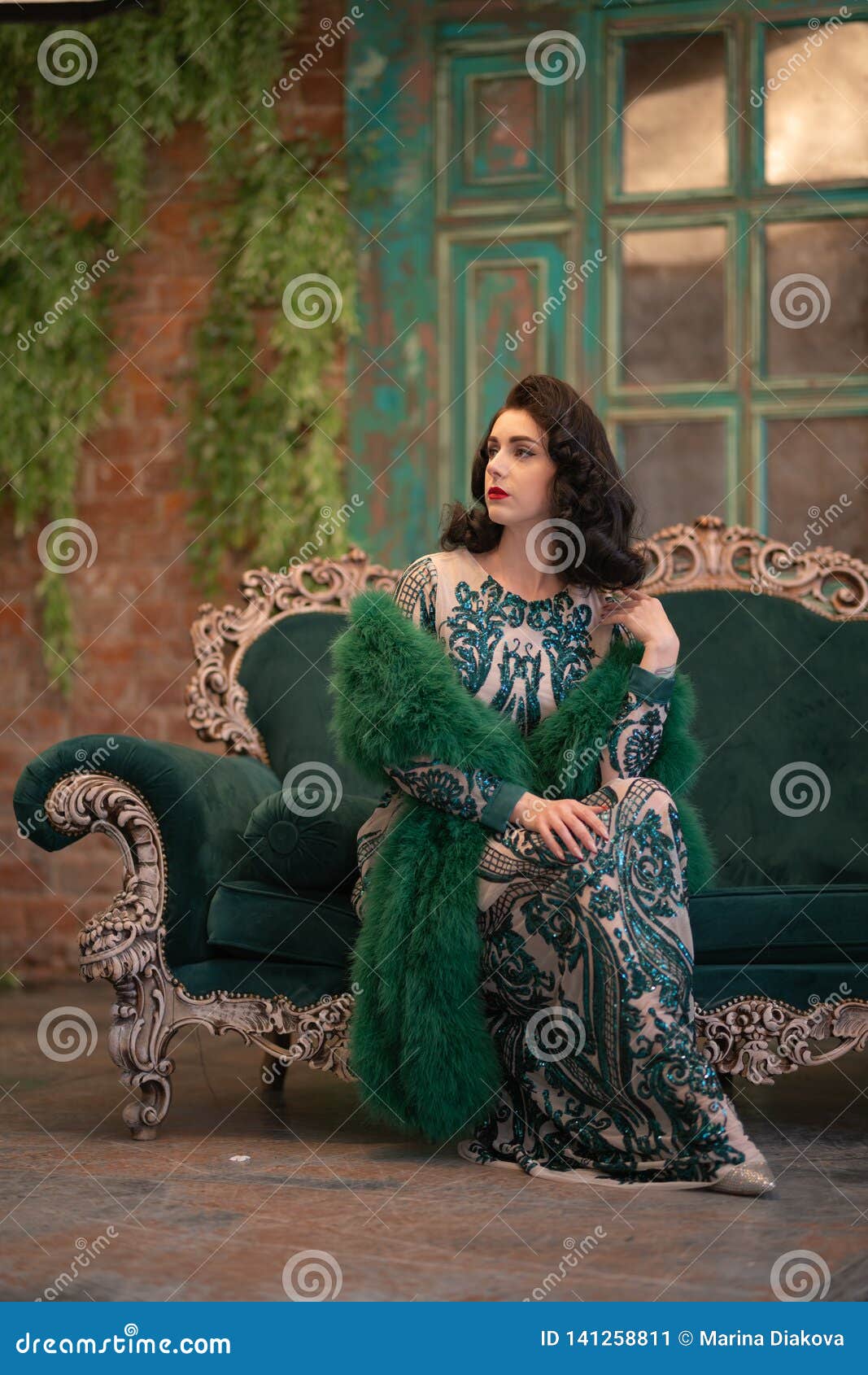 Elegant Caucasian Girl in a Luxurious Long Sequins Lace Dress with a ...