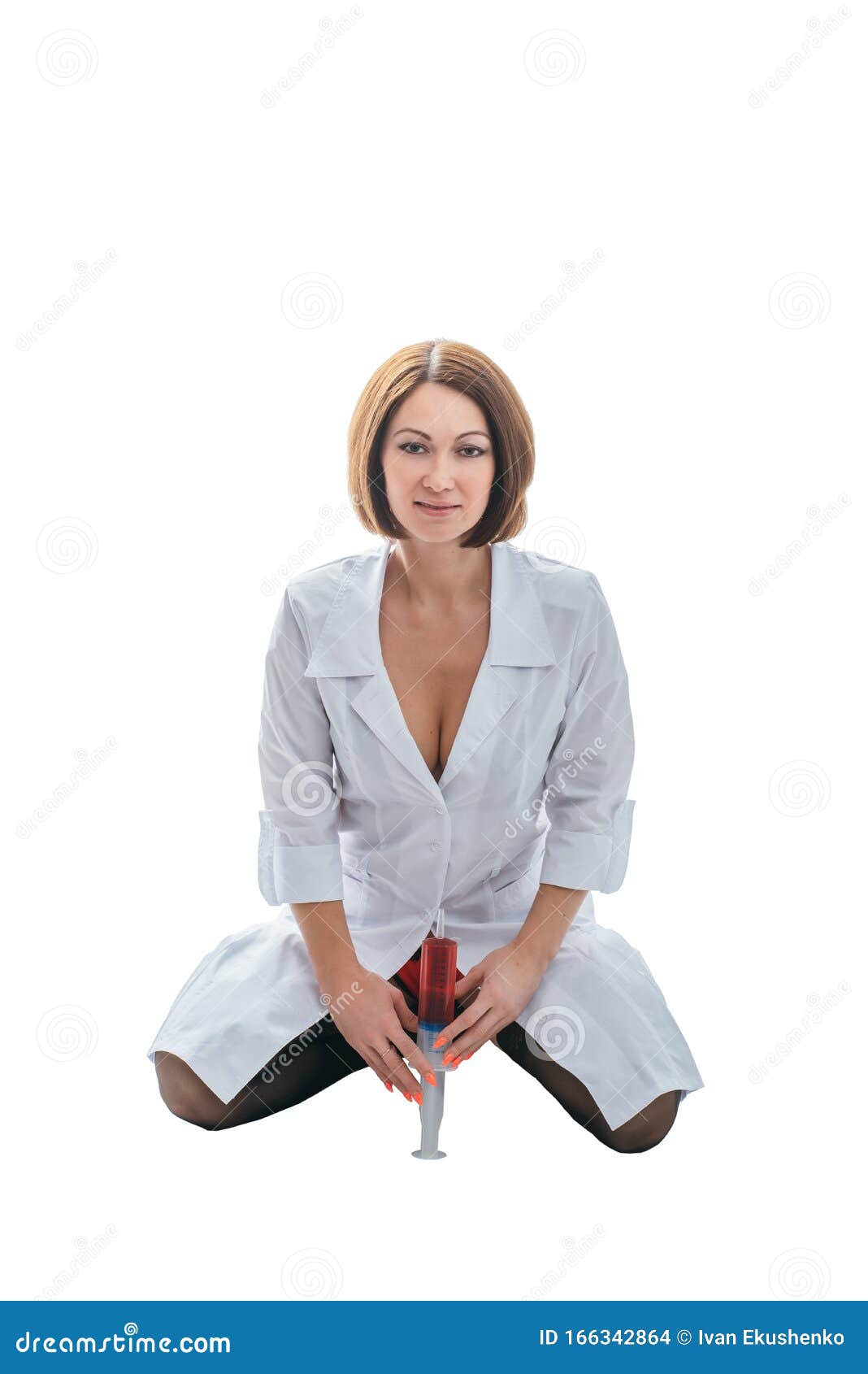 Sexually Doctor Woman on Isolated White Background. Caucasian Woman Medic  with Big Syringe with a Red Liquid. Stock Photo - Image of help, health:  166342864