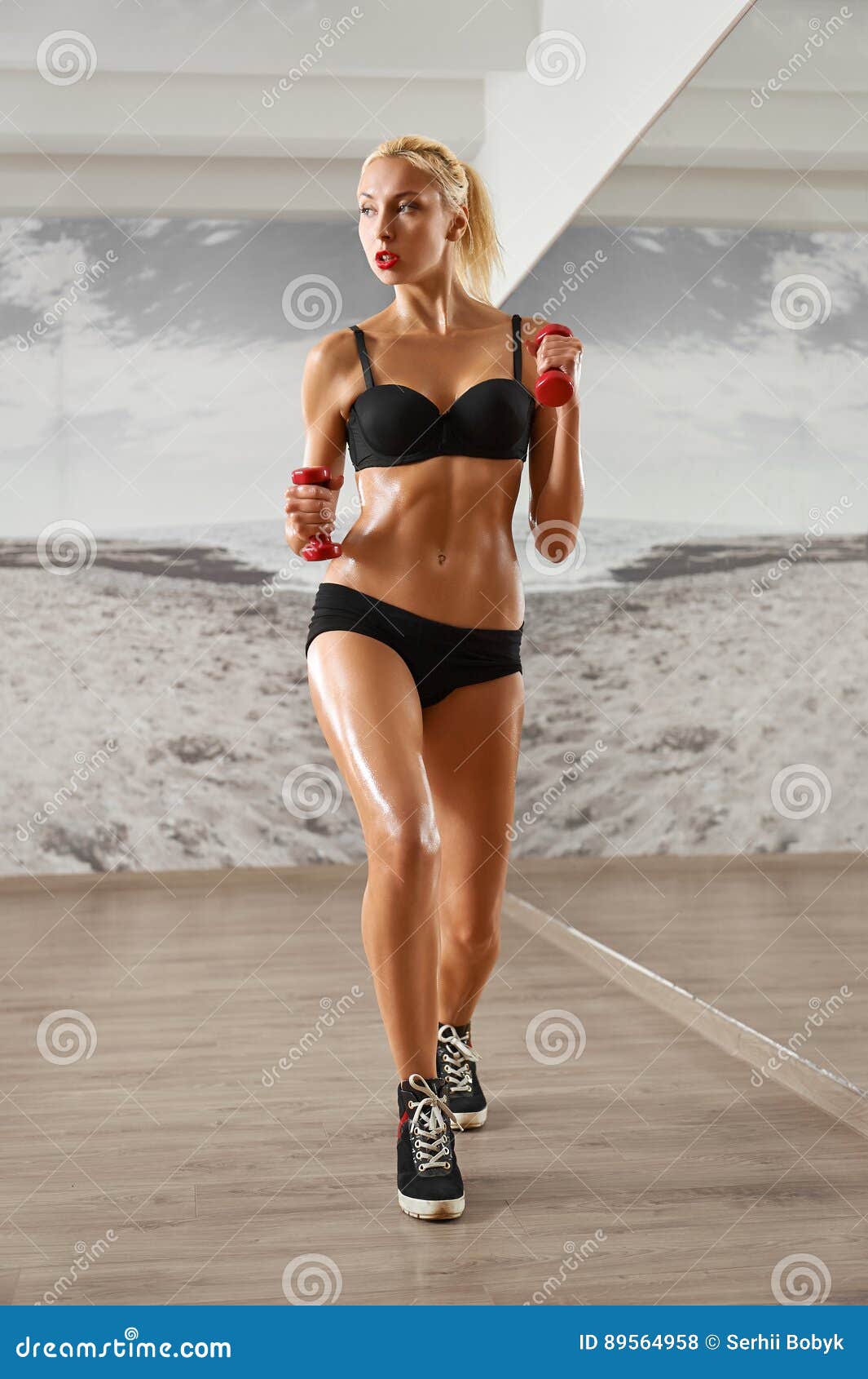 Sexy, Athletic, Blonde Woman in the Gym, Doing Push-ups on Hands