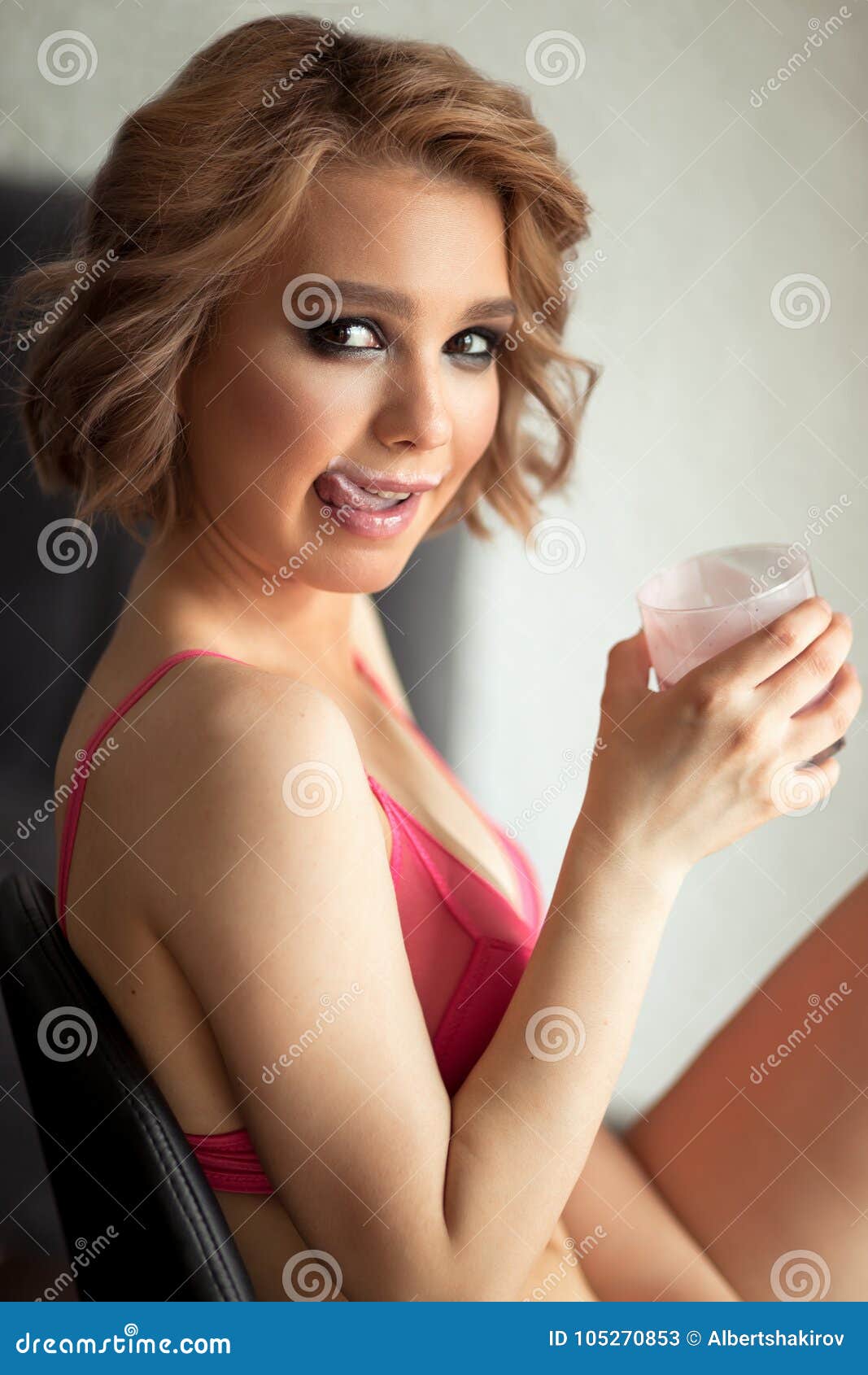 Woman in Lingerie in a Bar with Cocktail - Focus on the Face and the Drink  Stock Image - Image of drink, figure: 105270853