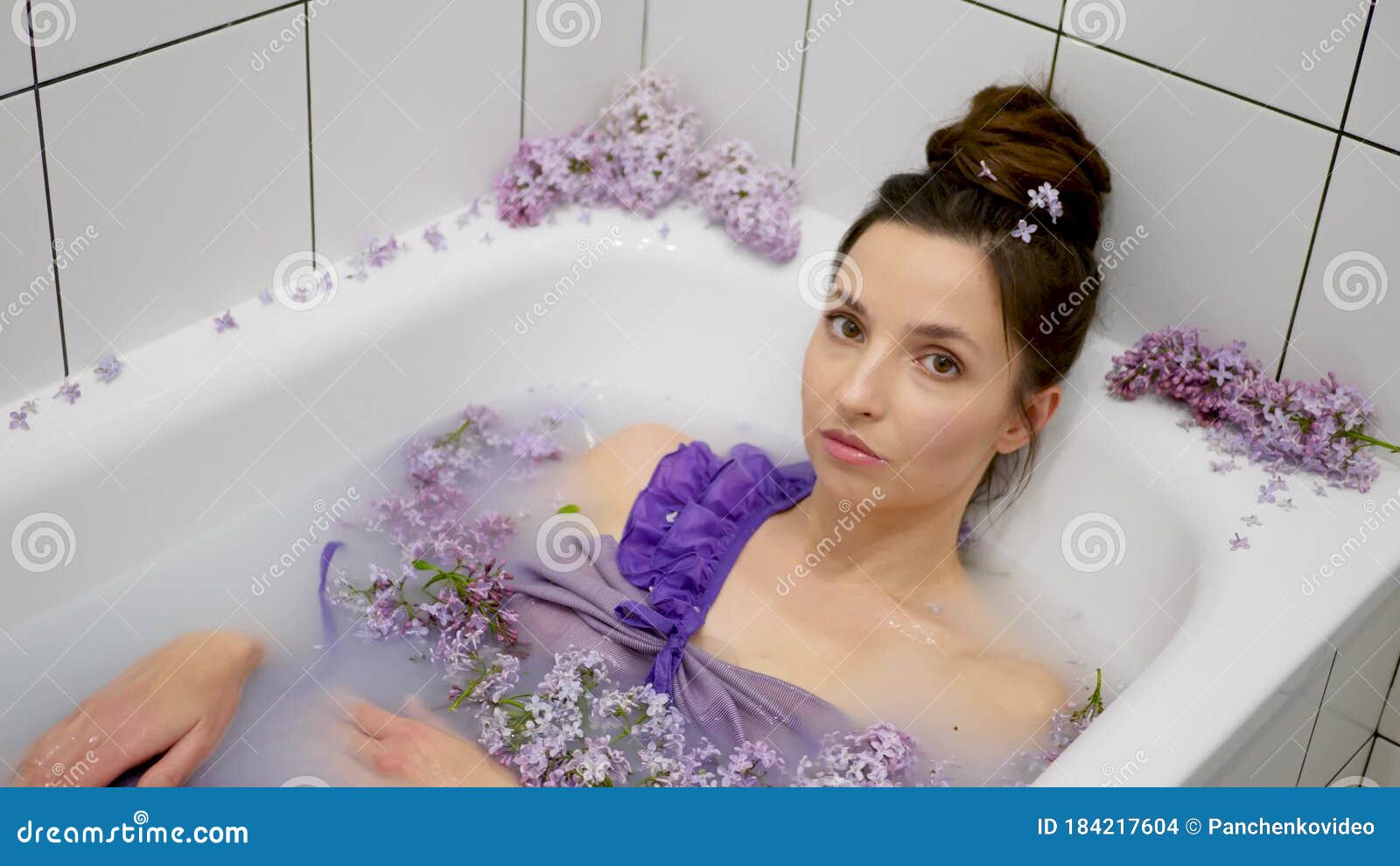 Beautiful Healthy Woman Lies In A Milk Bath Stock Footage Video Of Hygiene Bathtub 184217604