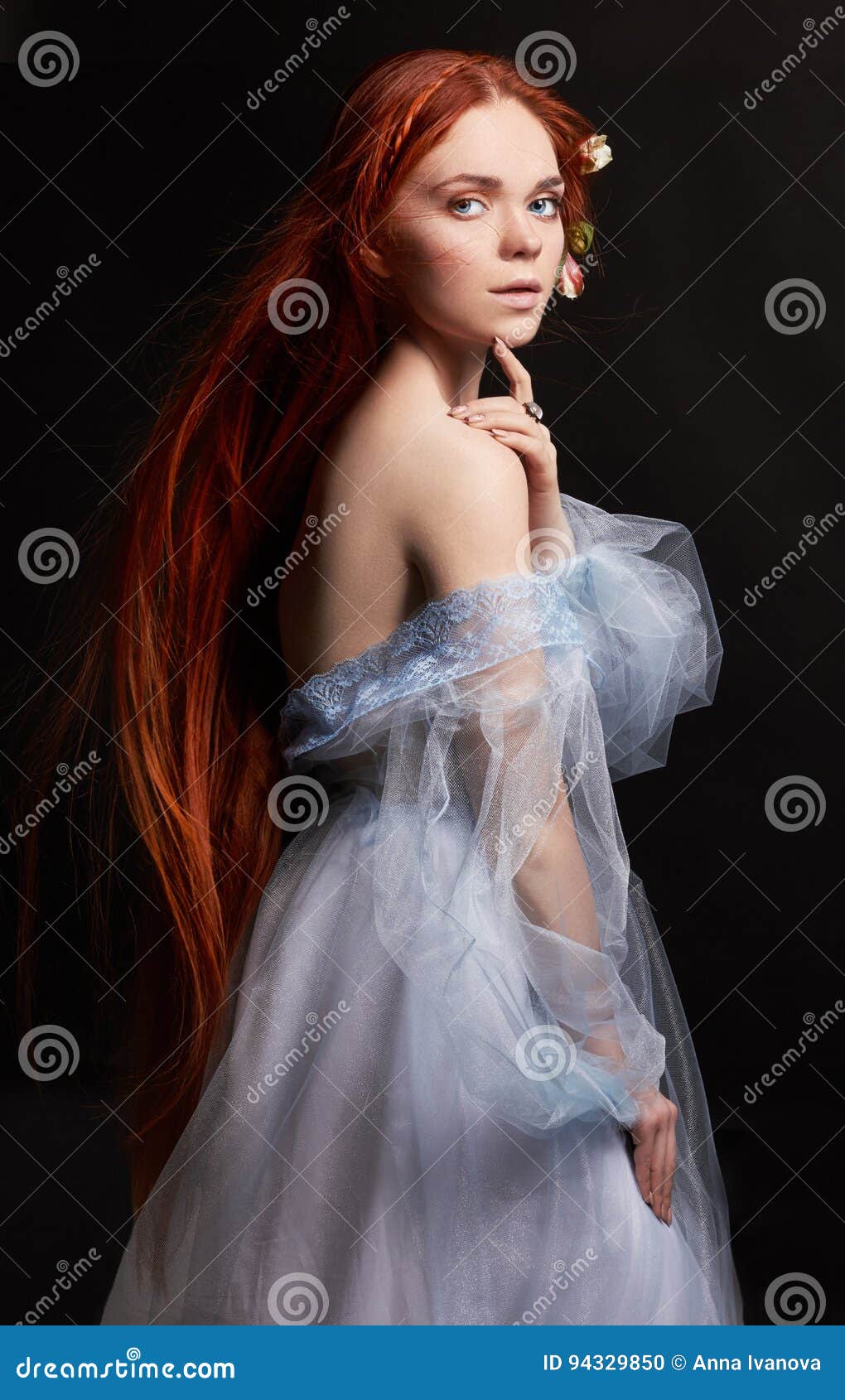 Beautiful Redhead Girl with Long Hair in Dress Cotton Retro. Woman ...