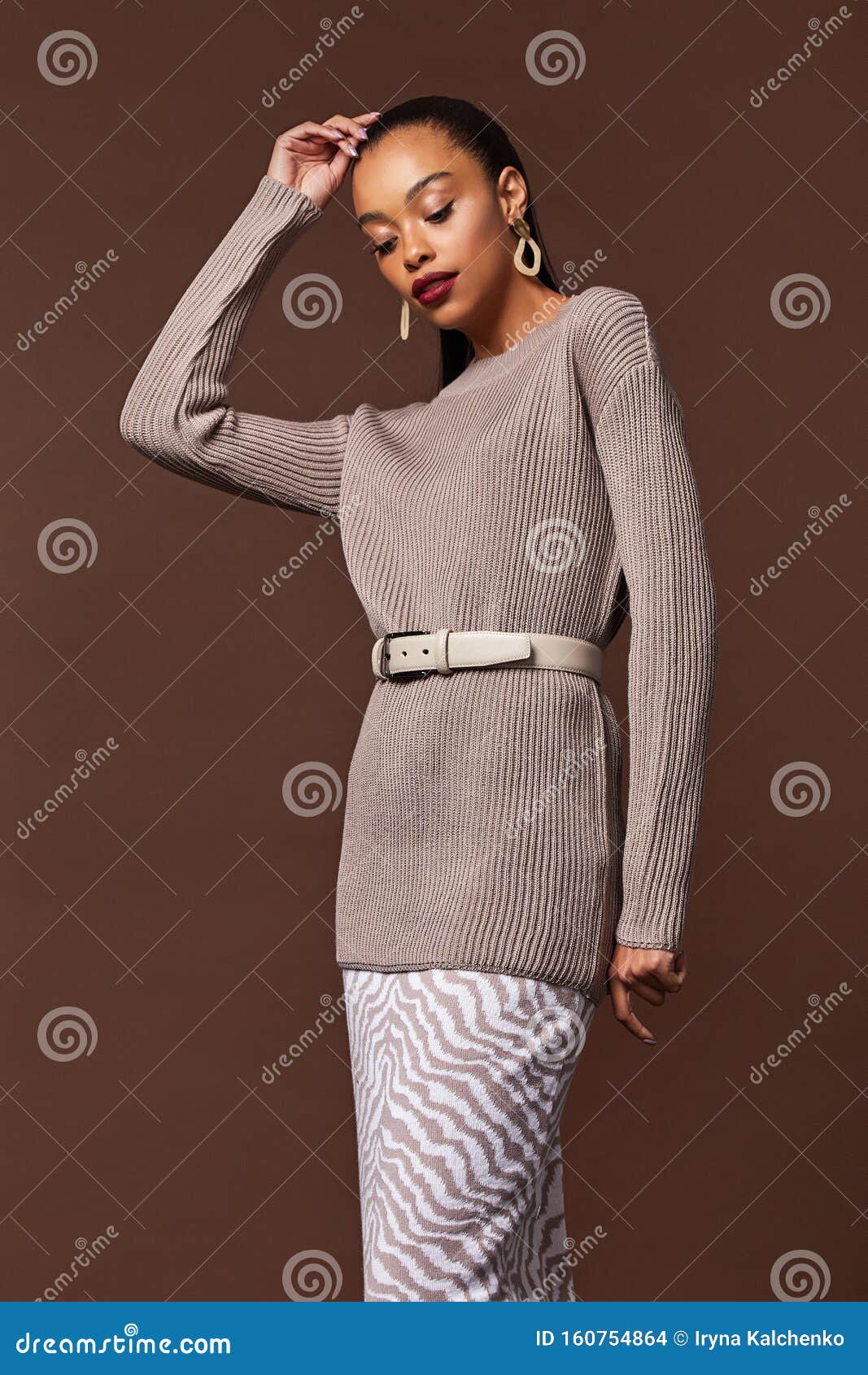 Beauty Woman Face Tan Skin Wear Beige Knitted Suit Dress Long