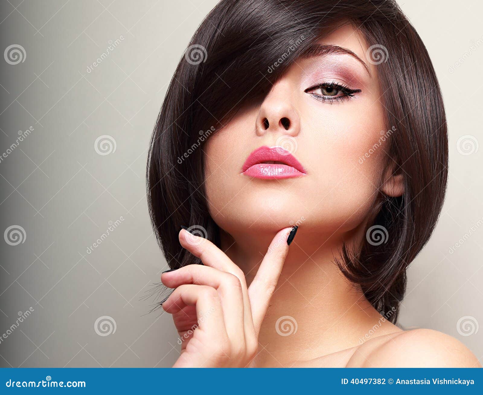 Black Short Hair Style Female Model Looking with Finger Near the Face Stock  Photo - Image of bright, fingers: 40497382