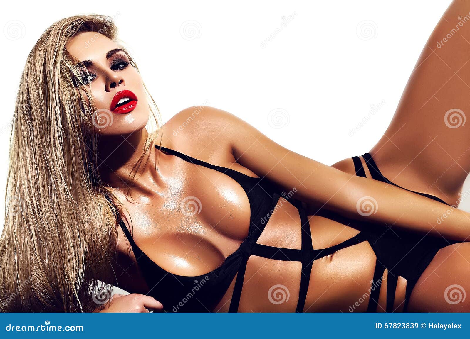 Blond Woman Model in Black Lingerie with Big Tits Stock Image