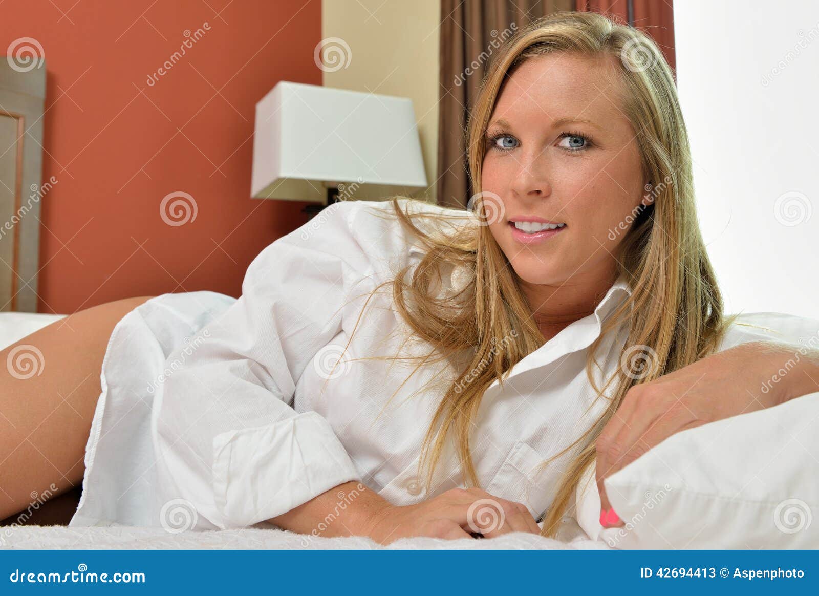 Blonde Woman Wearing Only Mens Shirt Bedroom Stock Image Image 42694413 