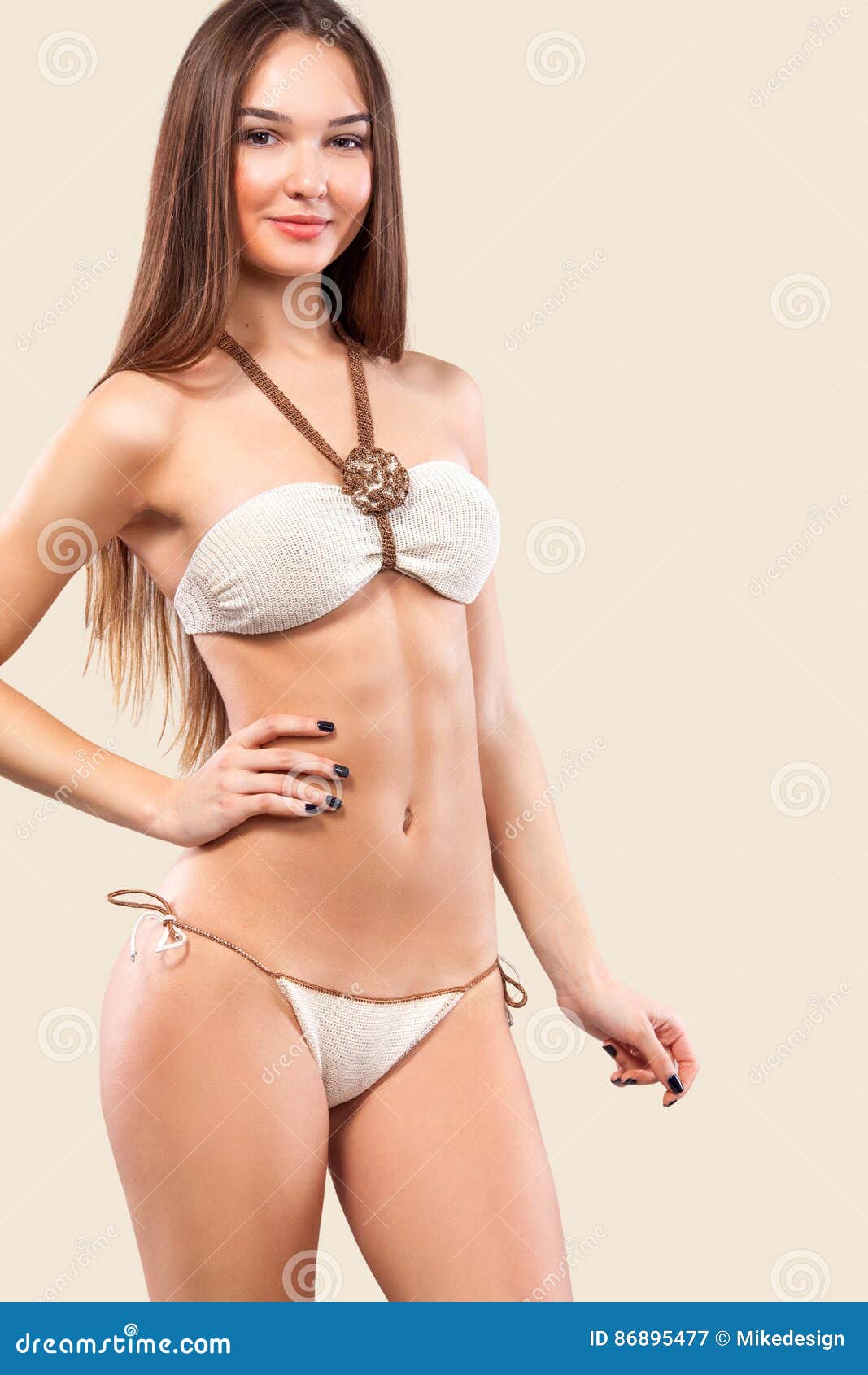 Blonde Woman Wearing Swimwear Posing on Color Background. Perfect Body pic