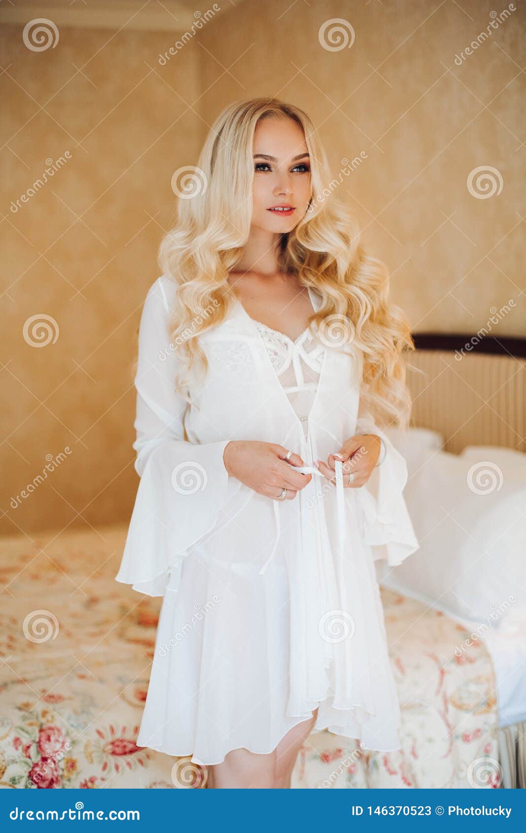 Sexy Blondie Bride In White Lace Lingerie Undressing