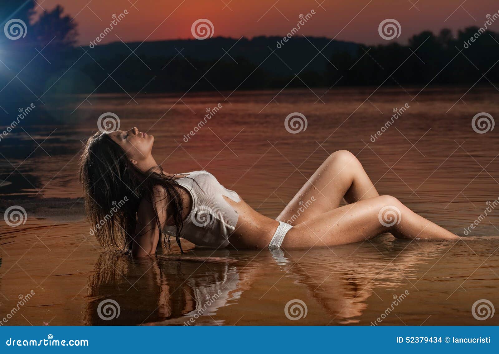 Spain Grand Voting Brunette Woman in Lingerie Laying in River Water. Young Female Relaxing on  the Beach during Sunset Stock Photo - Image of enjoyment, attractive:  52379434