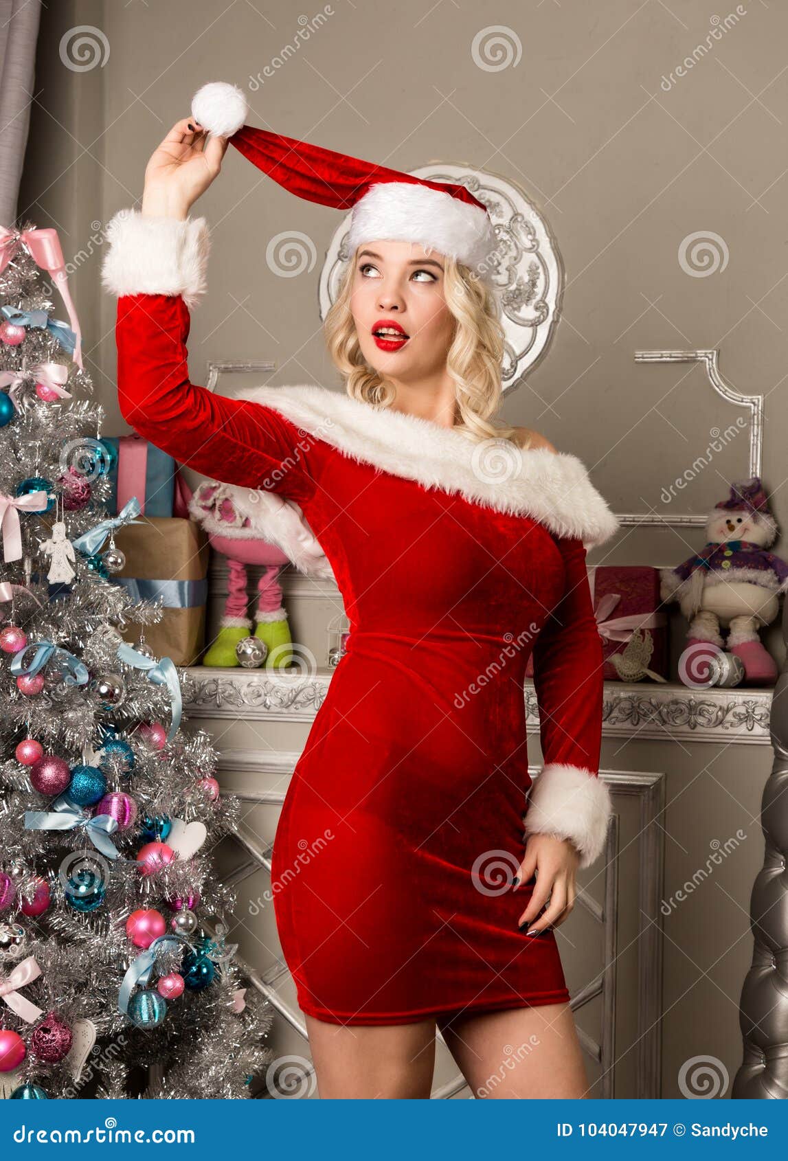 Christmas Girl Posing Blonde Woman Dressed As Santa In Front Of Camera Stock Image Image Of