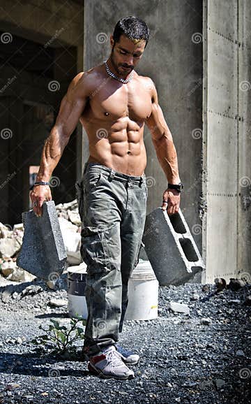 Construction Worker Shirtless with Muscular Body Stock Photo - Image of ...