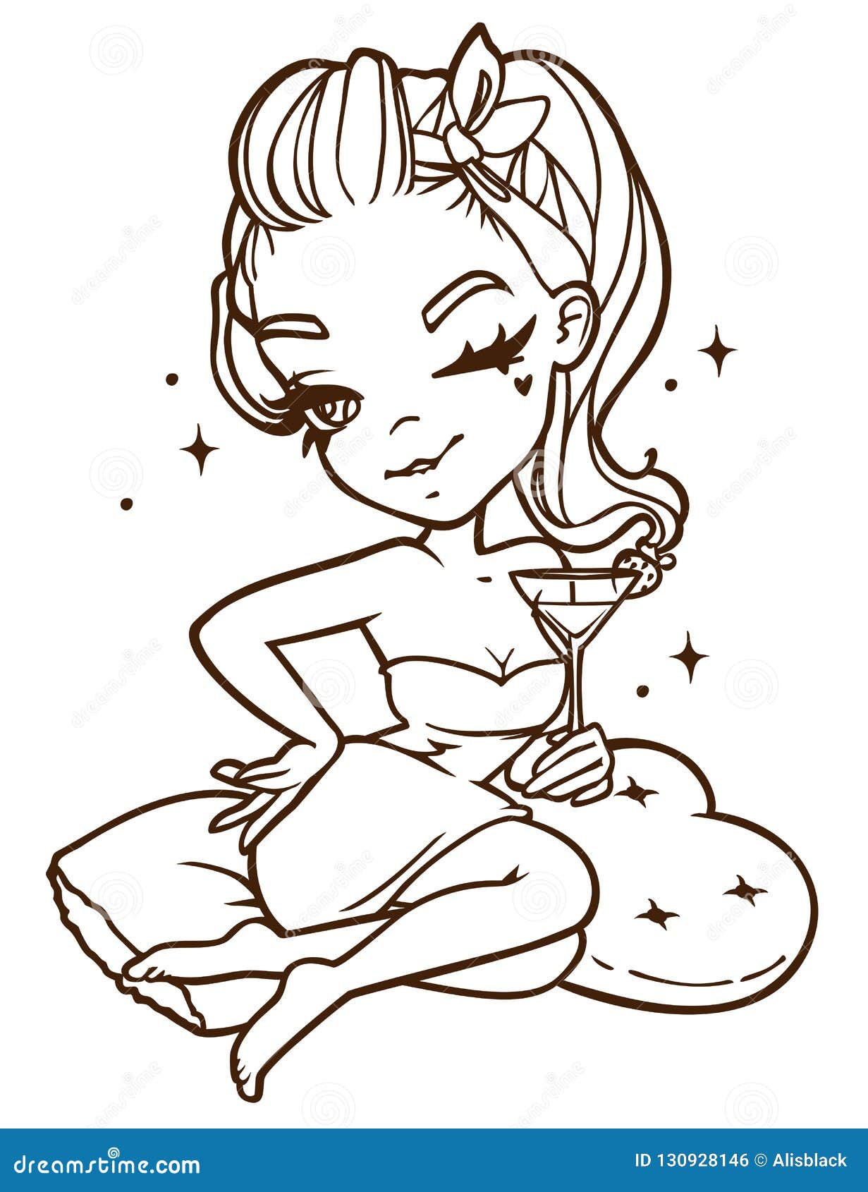 Contour Cartoon Pin-up Girl Sitting with a Cocktail Stock Illustration ...