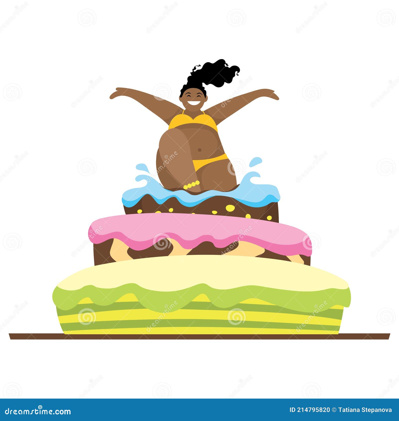 Dark Skinned Girl In Yellow Swimsuit Jumps Out Of A Cake Vector Illustration Cartoon Style