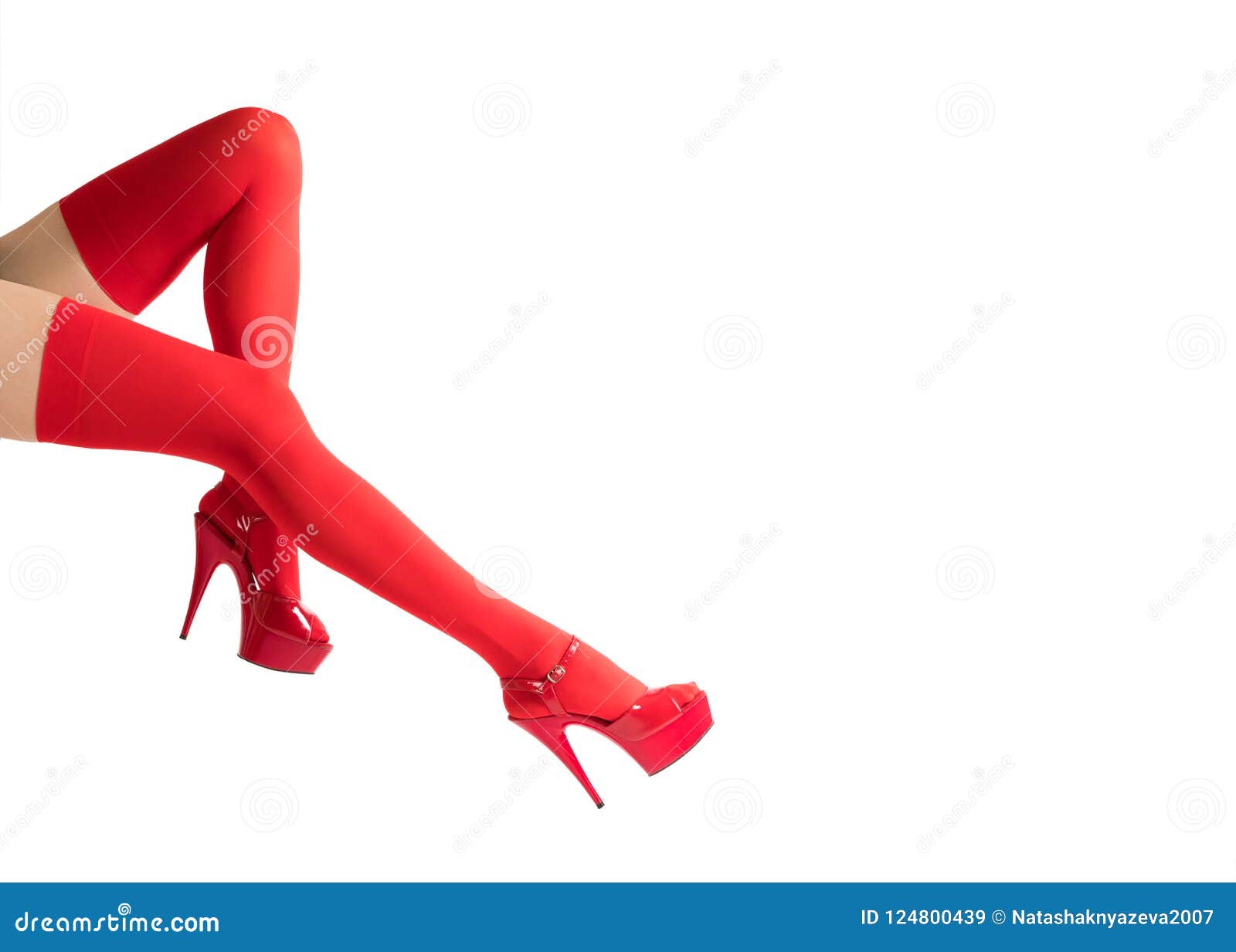 Female Legs In Fetish Red Stockings And Red High Heels Isolated On White Stock Image Image Of