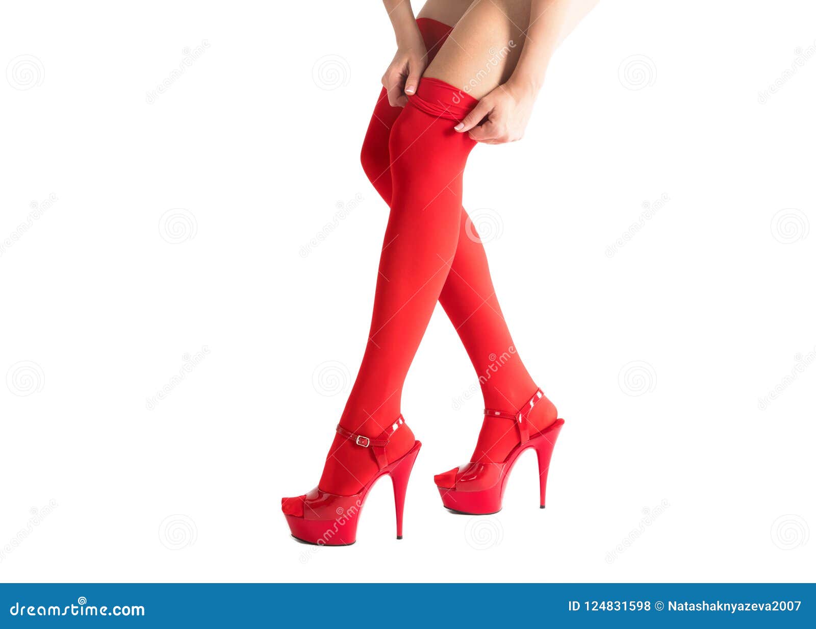 demonstration of high heels in red stockings
