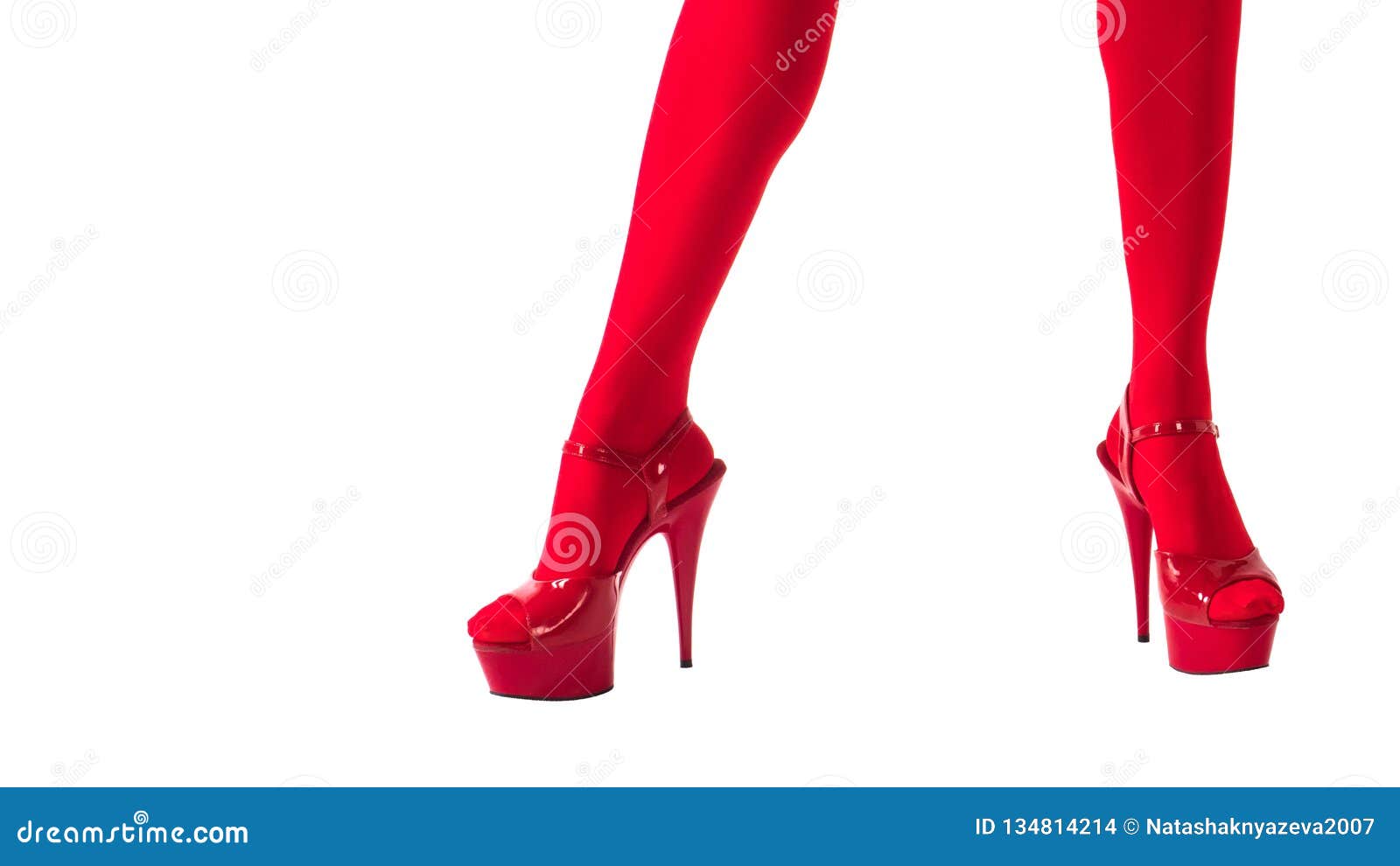 Female Legs In Fetish Red Stockings And Red High Heels Isolated On White Show Girls And Night