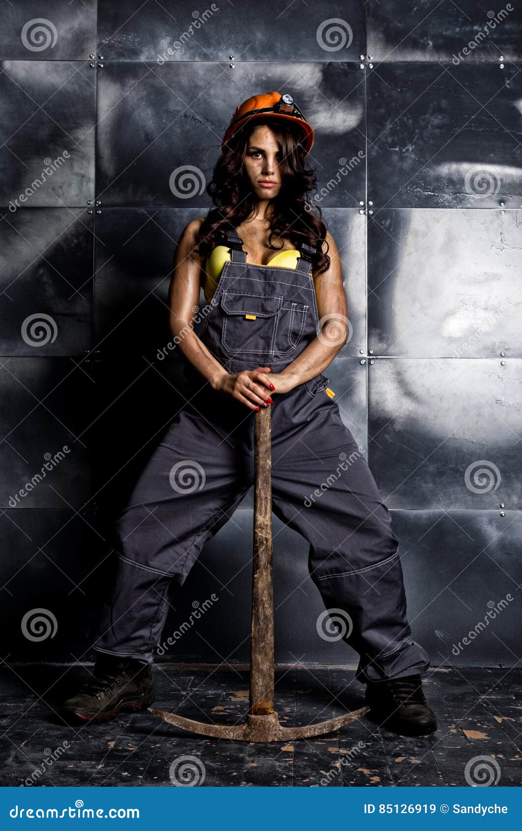 Female Miner Worker with Pickaxe, in Coveralls Over His Naked Body ...