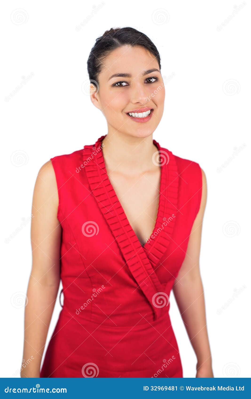 Sexy gebundener behaarter Brunette in der roten Kleideraufstellung. Sexy gebundener behaarter Brunette im roten Kleid, das auf weißem Hintergrund aufwirft